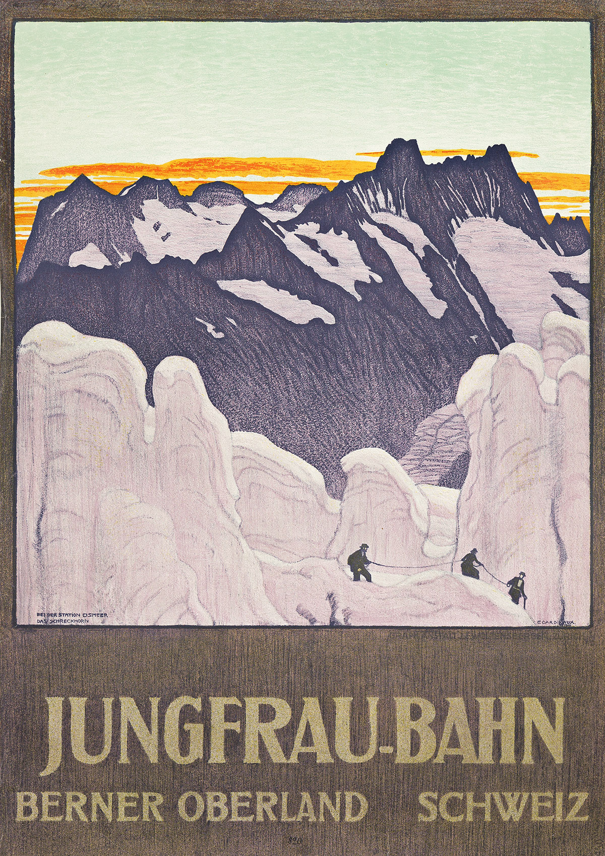 EMIL CARDINAUX (1877-1936).  JUNGFRAU - BAHN / BERNER OBERLAND SCHWEIZ. 1910. 40x28 inches, 101½x71 cm. J.E. Wolfensburger, Zurich.
